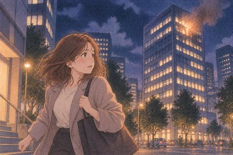 着弾した職場を離れて振り返る女性