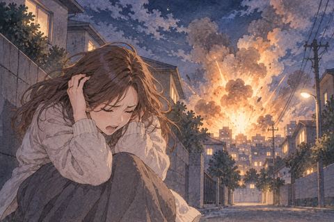近くへのミサイル着弾に身を守る女性