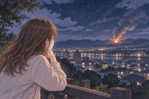 遠くのミサイル着弾を静かに見つめる女性