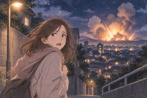 遠くのミサイル爆発に驚いて振り返る女性