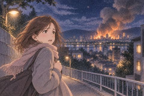 遠くの火事を見つめながら避難する女性