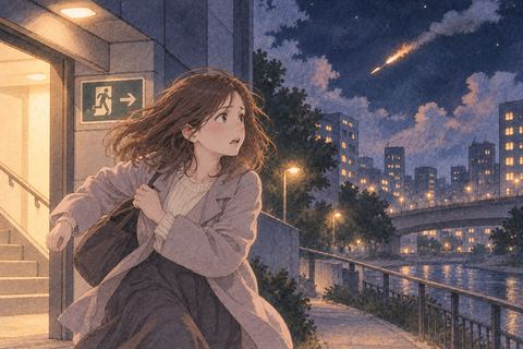 ミサイルから離れて避難場所へ走る女性