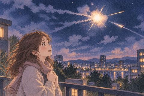 空中で迎撃され光に変わるミサイルを見る女性
