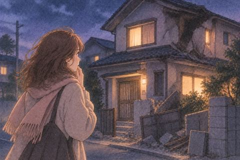 傷んだ自宅を前に無事を確かめる女性
