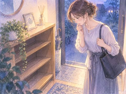 空になった靴置き場を見て戸惑う女性