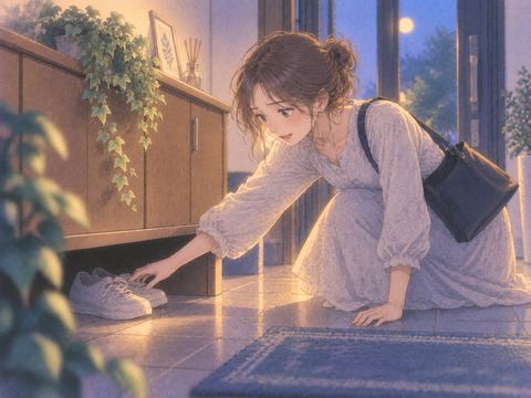 棚の下でなくした靴を見つける女性