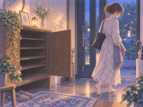 空の靴箱から静かに離れる女性