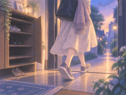 別の靴を履いて玄関から歩き出す女性