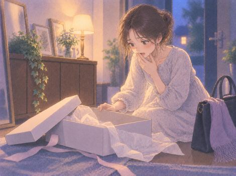 新品の靴の空箱を見つめる女性