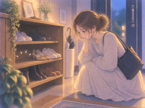 履き慣れた靴の空いた場所を見る女性