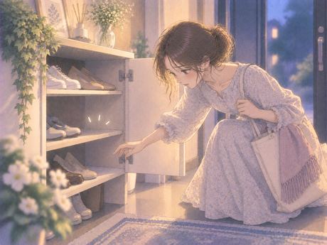白い靴があった空の場所を探す女性