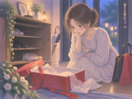 赤い靴の空箱を見て寂しそうな女性