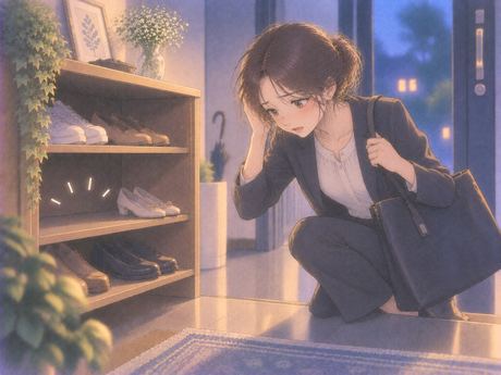 黒い靴のない玄関で困る仕事着の女性