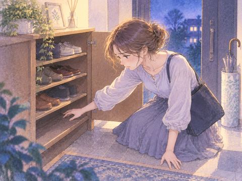 靴箱を開けてなくした靴を探す女性