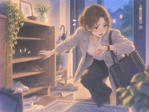時計を気にしながら靴を探して焦る女性
