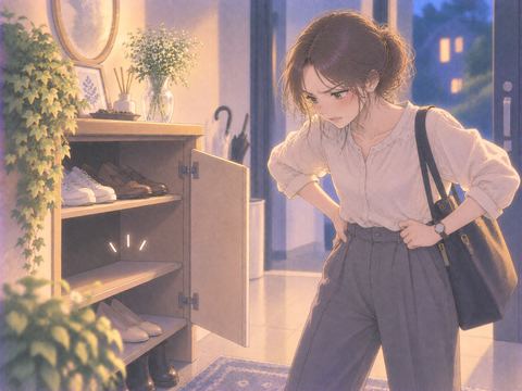 靴がなくなり納得できない表情の女性