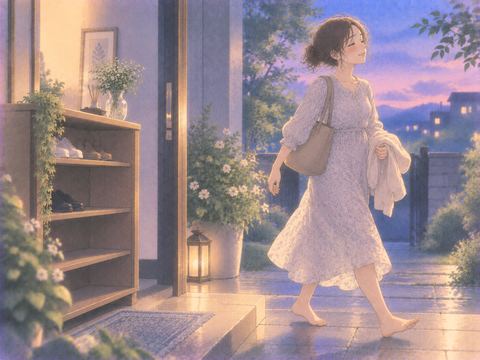 靴がなくても穏やかに裸足で歩く女性
