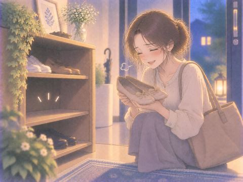見つけた靴を手にしてほっとする女性