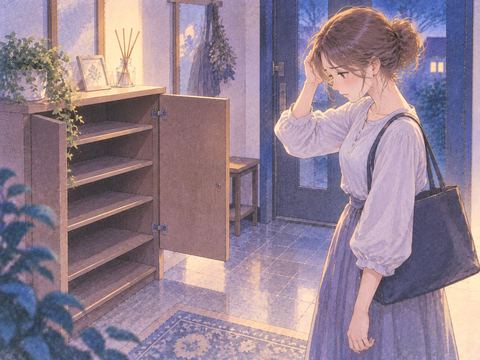 探しても靴が見つからず立ち尽くす女性