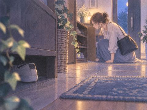 家具の陰に隠された靴を探す女性