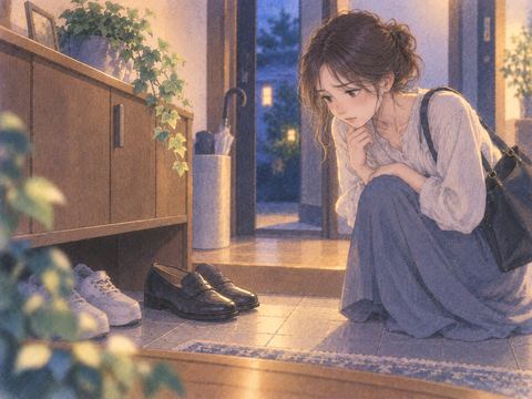 違う靴だけが残った玄関で困る女性