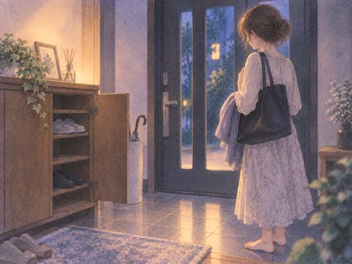出口を見ながら靴がなくて帰れない女性