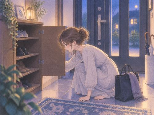 玄関の出口前で靴を探す女性