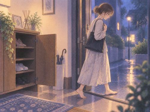 裸足のまま玄関から外へ進もうとする女性