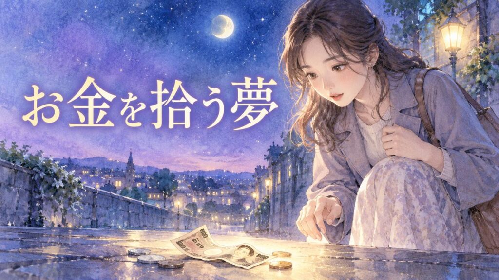 夜道で淡く光るお金を見つけて見つめる大人の女性