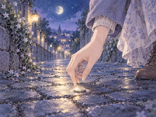 夜道で一枚の小銭を拾おうとする手元