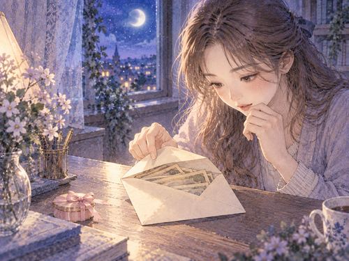 夜の机で封筒の中のお金を見つける手元