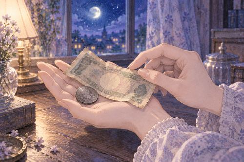 古い硬貨と本物か迷う紙幣を手のひらで確かめる場面