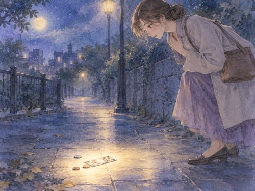 夜道で足元のお金に気づいて立ち止まる人物