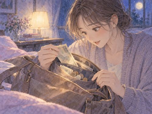古いバッグのポケットから忘れていたお金を見つける手元