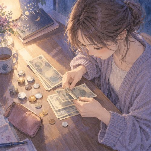 夜の机で拾った硬貨と紙幣を一枚ずつ数える手元