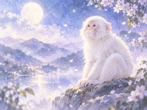 淡い光の中に静かに現れる白い猿