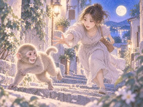 逃げる猿へ手を伸ばして追いかける女性