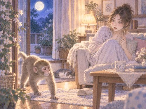 夜の家の室内へ入ってきた猿を見つめる女性