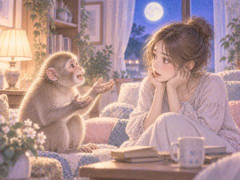 女性に向かって話しかけるような猿