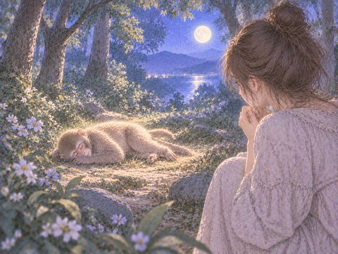 静かな森で動かず横たわる猿を遠くから見る場面