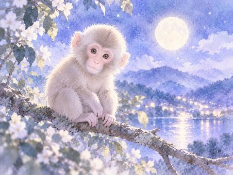 木の枝にちょこんと座る小さな子猿