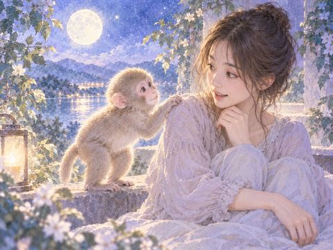 座る女性のそばへ親しげに近づく猿