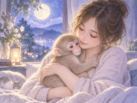 大人の女性が猿を腕の中で優しく抱く場面