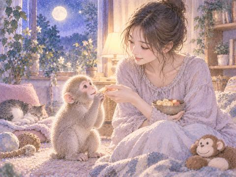 室内で猿に食べ物を与えて世話をする女性