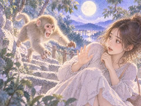 近づく猿から距離を取ろうとする女性