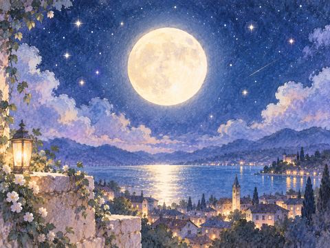 静かな夜空に明るく浮かぶ丸い満月