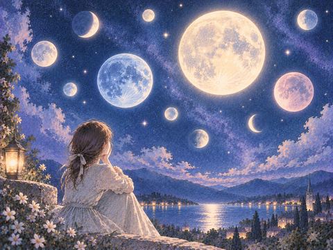 夜空に大小さまざまな月が浮かぶ幻想的な景色