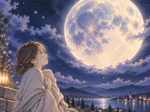 大きな月を不安そうに見上げる女性