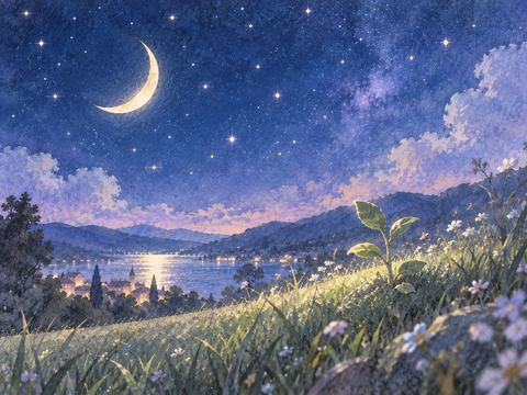 夜空に細く輝く三日月と静かな草原
