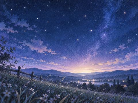 新月の暗い夜空と淡く光る地平線